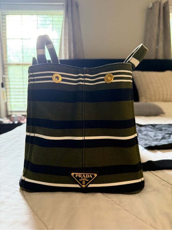 Prada Handbags - Prada Medium Green, Black & White Stripe Canapa Canvas Tote